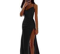 ORANDESIGNE Robe de Soirée Longue Femme en Satin sans Manches Dos Nu Fendue Couleur Unie élégante Robe Maxi Bretelles Spaghetti Fendue Bal Mariage Cocktail Party Dress A Noir XL