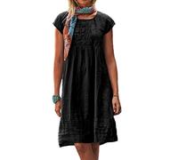 ORANDESIGNE Robe en Lin pour Femme Ete Manche Courte Robe Tunique Chic Col Rond Décontractée Ample Couleur Unie T-Shirt Robes Robe Midi Plage Robe Trapèze B Noir XL