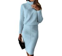 ORANDESIGNE Robe en Tricot Femme Ensemble 2 Pièces Pull Haut et Midi Jupe Tricoté Pull à Col Roulé Robe Tricotée C Bleu Clair XS
