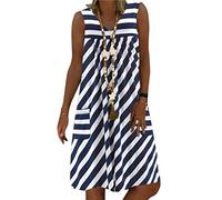 ORANDESIGNE Robe Été Femme de Plage Rétro Robes Col V Robes au Genou sans Manche Unie Casual Tuniques Ample Décontractée Midi Robe B Bleu 46