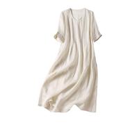 ORANDESIGNE Robe Ete Femme Robe Lin Longue Col en V Ample Kaftan Manche Courte Rétro Boho Midi Robes de Plage Vacances A Abricot XXL
