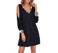 ORANDESIGNE Robe Femme Chic et Elegant Sexy Mousseline de Soie Épaules Dénudées Col V Manche Longue Casual Mini Robe de Plage Printemps Ete Trapèze Couleur Unie Tunique Longue Cocktail Dress A Noir L