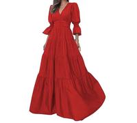 ORANDESIGNE Robe Femme Chic et Elegant Soiree Longue Fluide Simple Mode Maxi Robe Décontractée Col V Trapeze A-Line Ceremonie Robe Evasee Manche Longue Cocktail Mariage Evening Dress Rouge XS