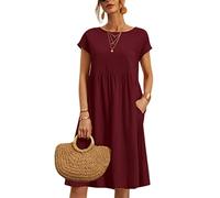 ORANDESIGNE Robe Femme Chic Ete Courte Robe Tunique Col V Manche Courte Fluide Mi Longue Robe Fleurie Vintage Décontractée Bohème Élégant Couleur Unie T-Shirt Robe Midi De Plage F Vin Rouge XL