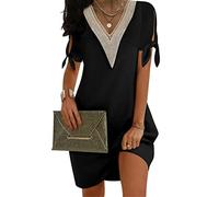 ORANDESIGNE Robe Femme Ete Bohème Chic Et Elegant Sexy Courte Mini Robe Ample Fluide Décontractée Épaules Nues Manche Courte Col V Tee Shirt Lâche Swing Robe Tunique Plage Casual A Noir M