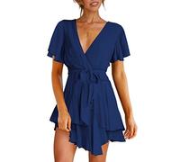 ORANDESIGNE Robe Femme Été Chic Elegante Mi Longue Fluide Retro Robe Col V Manche Courte Robe Fleurie Boho Volant Robe de Plage Décontracté Cocktail Robe Plissée avec Ceinture C Bleu Marin S