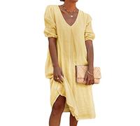 ORANDESIGNE Robe Femme Lin Ete Manche Courte Robe Tunique Chic Col V Fluide Décontractée Ample Couleur Unie T-Shirt Robe Midi De Plage A Jaune XXL