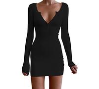 ORANDESIGNE Robe Mini Femme Hiver Elegante Courte Robe de Soirée Chic et Glamour Robe Crayon Manche Longue Robe Cache Cœur Hiver Slim Skinny Robe Moulante Elastique Cocktail Party Fete Noir M