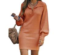 ORANDESIGNE Robe Pull Femme Hiver Chic et Elegant Mini Robe Droite Tricot Couleur Unie Robe Hiver Manche Longue Col V Pullover Tricoté Robe Sweat Orange L