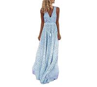 ORANDESIGNE Robe sans Manches pour Femme Robe Trapèze de Plage Robe Décontractée Élégante Col en V Robe Boho été Robe Longue à Franges Maxi Robes A Bleu XL