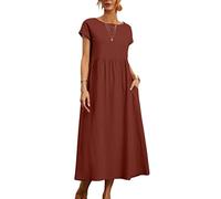ORANDESIGNE Robe Tunique Femme Coton Et Lin Manches Courtes Chic et Elegant Longue Swing Robe Plage Boho Ample Robe Tee Shirt avec Poche Maxi Robe Grande Taille Décontractée été A Orange XL