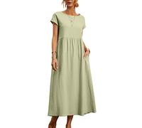 ORANDESIGNE Robe Tunique Femme Coton Et Lin Manches Courtes Chic et Elegant Longue Swing Robe Plage Boho Ample Robe Tee Shirt avec Poche Maxi Robe Grande Taille Décontractée été A Vert XL