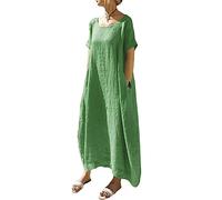 ORANDESIGNE Robe Tunique Femme Coton Et Lin Manches Courtes Chic et Elegant Longue Swing Robe Plage Boho Ample Robe Tee Shirt avec Poche Maxi Robe Grande Taille Décontractée été C Vert M