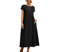 ORANDESIGNE Robe Tunique Femme Coton Et Lin Manches Courtes Chic et Elegant Longue Swing Robe Plage Boho Ample Robe Tee Shirt avec Poche Maxi Robe Grande Taille Décontractée été A Noir 3XL
