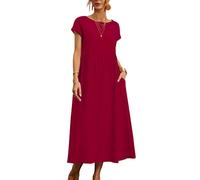 ORANDESIGNE Robe Tunique Femme Coton Et Lin Manches Courtes Chic et Elegant Longue Swing Robe Plage Boho Ample Robe Tee Shirt avec Poche Maxi Robe Grande Taille Décontractée été A Rouge XL