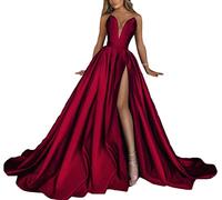 ORANDESIGNE Robes de Soirée élégantes pour Dames Robe De Bal Longue Fendue Sexy Dos Nu en Satin épaules Nues sans Manches Taille Haute Queue Robe pour Soirée Bal Cocktail M Rouge XS