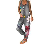 ORANDESIGNE Salopette Ample Femme Boho Combinaison avec Poches d'Été Rétro Fleurs Barboteuses en Jean Long Pantalon Large à Bretelles A Gris XXL