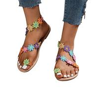 ORANDESIGNE Sandales Plates D'été Femme Boho Bout Ouvert en Dentelle Fleur Flip Flop Talon Basse Léger Pantoufles Chaussures Mules Tongs avec Boucle à L'orteil Elégant de Vacances Plage W Kaki 36 EU