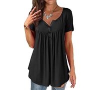 ORANDESIGNE Shirt Femme Fleurs Col en V été Casual Ample Grande Taille Manche Longue Tuniques Blouse Longue Chemisie Henri Hauts à Manches Courtes Tops Tee Shirt Automne Hiver B Noir XL