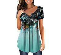 ORANDESIGNE Shirt Femme Fleurs Col en V été Casual Ample Grande Taille Manche Longue Tuniques Blouse Longue Chemisie Henri Hauts à Manches Courtes Tops Tee Shirt Automne Hiver I Bleu XXL