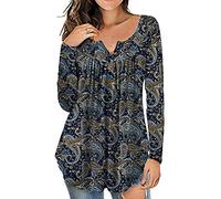 ORANDESIGNE Shirt Femme Fleurs Col en V été Casual Ample Grande Taille Manche Longue Tuniques Blouse Longue Chemisie Henri Hauts à Manches Courtes Tops Tee Shirt Automne Hiver E Bleu Marin 3XL