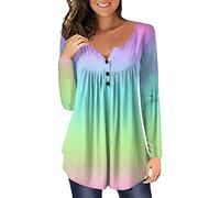 ORANDESIGNE Shirt Femme Fleurs Col en V été Casual Ample Grande Taille Manche Longue Tuniques Blouse Longue Chemisie Henri Hauts à Manches Courtes Tops Tee Shirt Automne Hiver J Vert XL