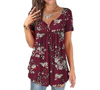 ORANDESIGNE Shirt Femme Fleurs Col en V été Casual Ample Grande Taille Manche Longue Tuniques Blouse Longue Chemisie Henri Hauts à Manches Courtes Tops Tee Shirt Automne Hiver C Vin Rouge L