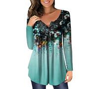 ORANDESIGNE Shirt Femme Fleurs Col en V été Casual Ample Grande Taille Manche Longue Tuniques Blouse Longue Chemisie Henri Hauts à Manches Courtes Tops Tee Shirt Automne Hiver J Bleu XXL