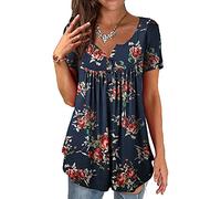 ORANDESIGNE Shirt Femme Fleurs Col en V été Casual Ample Grande Taille Manche Longue Tuniques Blouse Longue Chemisie Henri Hauts à Manches Courtes Tops Tee Shirt Automne Hiver C Bleu L