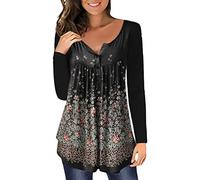 ORANDESIGNE Shirt Femme Fleurs Col en V été Casual Ample Grande Taille Manche Longue Tuniques Blouse Longue Chemisie Henri Hauts à Manches Courtes Tops Tee Shirt Automne Hiver J Noir XL