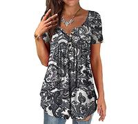 ORANDESIGNE Shirt Femme Fleurs Col en V été Casual Ample Grande Taille Manche Longue Tuniques Blouse Longue Chemisie Henri Hauts à Manches Courtes Tops Tee Shirt Automne Hiver D Noir XXL