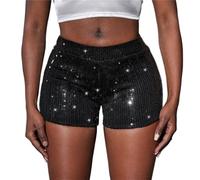 ORANDESIGNE Shorts à Paillettes Billant Femme Mini Short Moulant Sexy Taille Haute Tenue de Disco Festival Danse Pantalon Court Club Soirée Carnaval Costume Clubwear Hot Pants B Noir XS