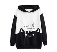 ORANDESIGNE Sweat à Capuche pour Filles Automne Hiver Kawaii Chatons Imprimé Hoodies Sweat-Shirt Manteau à Manches Longues Couleur Patchwork E Noir L