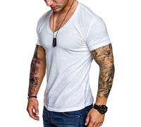 ORANDESIGNE T-Shirt Col V Profond pour Homme Fitness T-Shirt Slim Fit Basic de Couleur Unie Athlétique Court Manche Musculation Faire des Exercices Aptitude Hauts A Blanc S