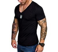 ORANDESIGNE T-Shirt Col V Profond pour Homme Fitness T-Shirt Slim Fit Basic de Couleur Unie Athlétique Court Manche Musculation Faire des Exercices Aptitude Hauts A Noir XL