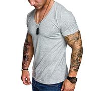 ORANDESIGNE T-Shirt Col V Profond pour Homme Fitness T-Shirt Slim Fit Basic de Couleur Unie Athlétique Court Manche Musculation Faire des Exercices Aptitude Hauts A Gris Clair XL
