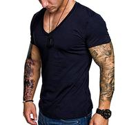 ORANDESIGNE T-Shirt Col V Profond pour Homme Fitness T-Shirt Slim Fit Basic de Couleur Unie Athlétique Court Manche Musculation Faire des Exercices Aptitude Hauts A Bleu Foncé XS