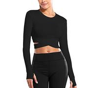 ORANDESIGNE T-Shirt Femme Sport Top Courts Activewear à Manches Longues Pilate Yoga Entraînement Fiteness Running Crop Tops A Noir S