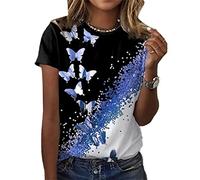 ORANDESIGNE T-Shirts Graphiques Fleur Oiseau pour Femmes décontracté été drôle imprimé à Manches Courtes Mignon Hauts de t-Shirt S Bleu L