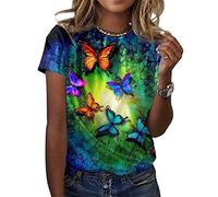 ORANDESIGNE T-Shirts Graphiques Fleur Oiseau pour Femmes décontracté été drôle imprimé à Manches Courtes Mignon Hauts de t-Shirt I Bleu XL