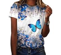 ORANDESIGNE T-Shirts Graphiques Fleur Oiseau pour Femmes décontracté été drôle imprimé à Manches Courtes Mignon Hauts de t-Shirt Q Bleu L