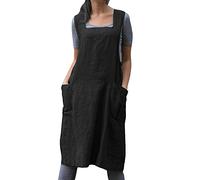 ORANDESIGNE Tablier à Bavette en Lin Robe Mi-Longue Femmes sans Manches Couleur Unie Croisé Licou Tablier Mini Robes Lâche Longue Chemise Débardeurs avec Poches Tabliers A Noir L