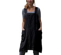 ORANDESIGNE Tablier à Bavette en Lin Robe Mi-Longue Femmes sans Manches Couleur Unie Croisé Licou Tablier Mini Robes Lâche Longue Chemise Débardeurs avec Poches Tabliers B Noir L