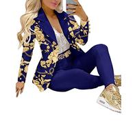 ORANDESIGNE Tailleur Femme 2 Pièces Elegant Slim Fit Blazer Veste Formel Bureau Travail Pantalon Costumes Revers Manteau Ensemble A Bleu Foncé XL