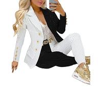 ORANDESIGNE Tailleur Femme 2 Pièces Elegant Slim Fit Blazer Veste Formel Bureau Travail Pantalon Costumes Revers Manteau Ensemble A Noir Blanc 01 XS