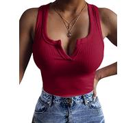 ORANDESIGNE Top Femme Chic Et Élégant Col en V Débardeur Court Sexy Haut sans Manche Bustier Crop Top Tee Shirt Débardeur Côtelé Épaules Dénudées Blouse Chemisier Bordeaux XL