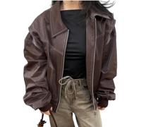 ORANDESIGNE Veste de Motard Surdimensionnée en Similicuir pour Femme Leather Blazer Manteau Fermeture éclair Oversize Jacket Veste Bomber en Cuir F Marron XL