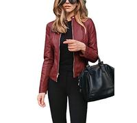 ORANDESIGNE Veste De Motard Ultra-Elegante en Cuir PU Super Doux Femmes Biker Court Blousons Slim Moto Style Manteau Rouge 40