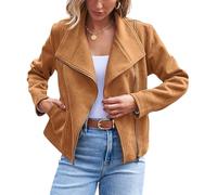 ORANDESIGNE Veste Simili Cuir de Moto Femme Automne Blousons en Daim Zippée Manteau Court A Marron XXL