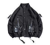 ORANDESIGNE Veste Techwear Homme Coupe-Vent Décontracté Manteau Militaire Blousons de Combat avec Poches à Rubans Streetwear Hip-hop Japonais Veste Zippé Vêtements D'extérieur A Noir 3XL